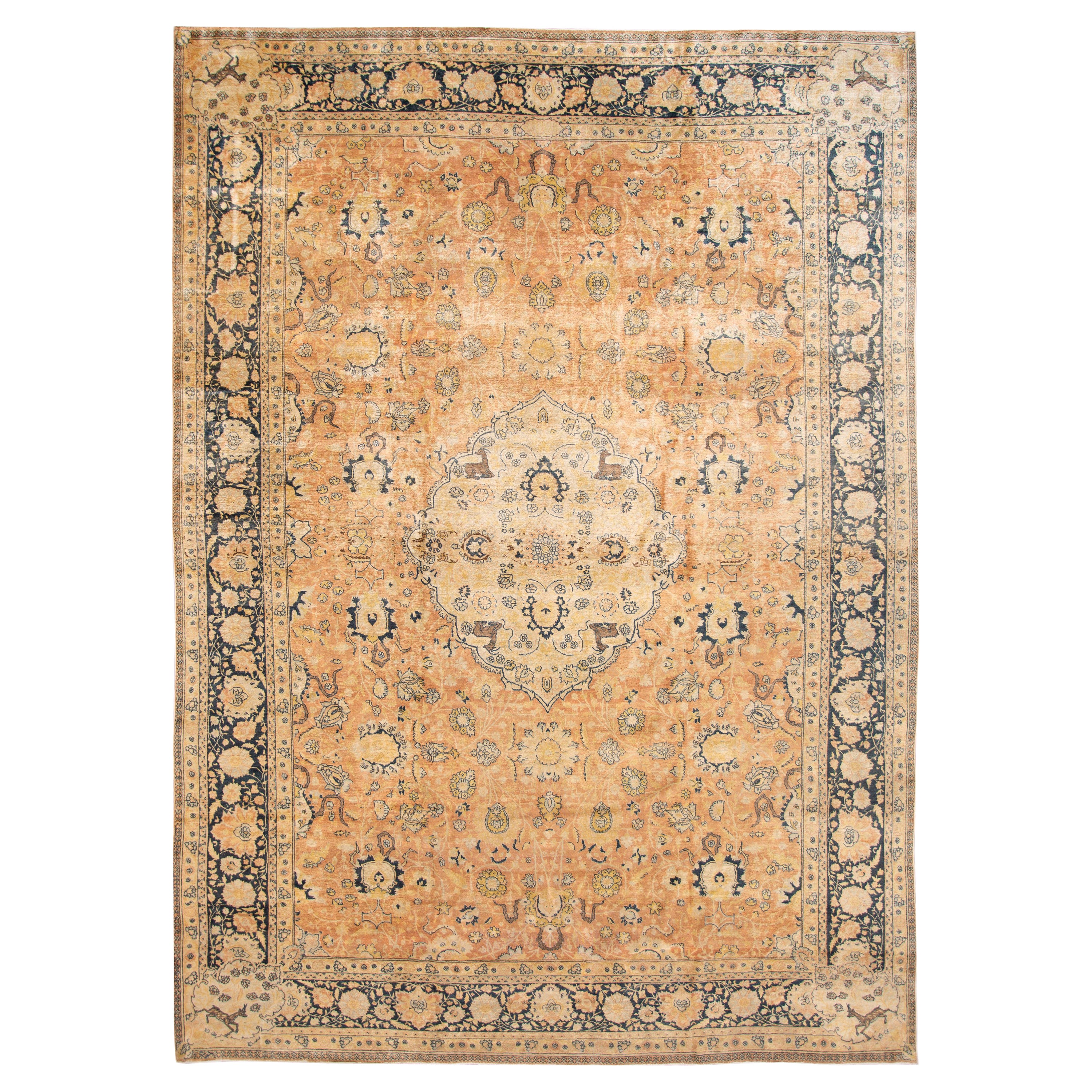 Antique Indian Agra Handmade Medallion Motif Peach Oversize Wool Rug For Sale