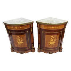 Pair of Marble Topped Inlaid French Corner Cabinets