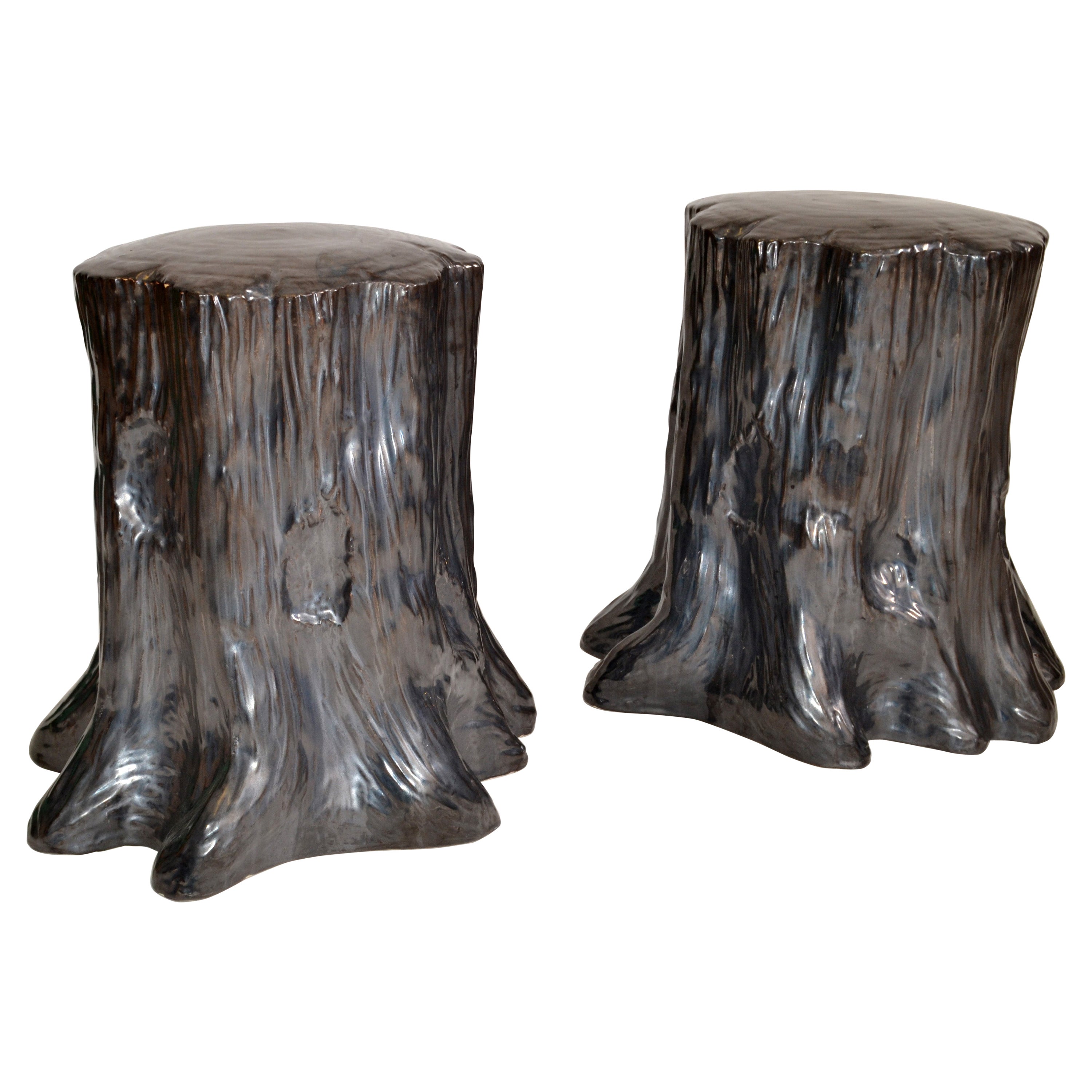 Hollywood Regency Style Outdoor Silver Ceramic Side Table Tree Stump Look, Pair