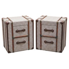 Timothy Oulton Style Grey Fabric Bedside Tables with Wood & Leather Detail