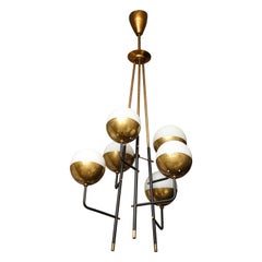 Vintage Stilnovo Brass Chandelier with 6 Opaline Globes