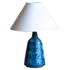 Hertha Bengtsson, Table Lamp, Blue Glazed Stoneware Brass Rörstand, Sweden, 1950