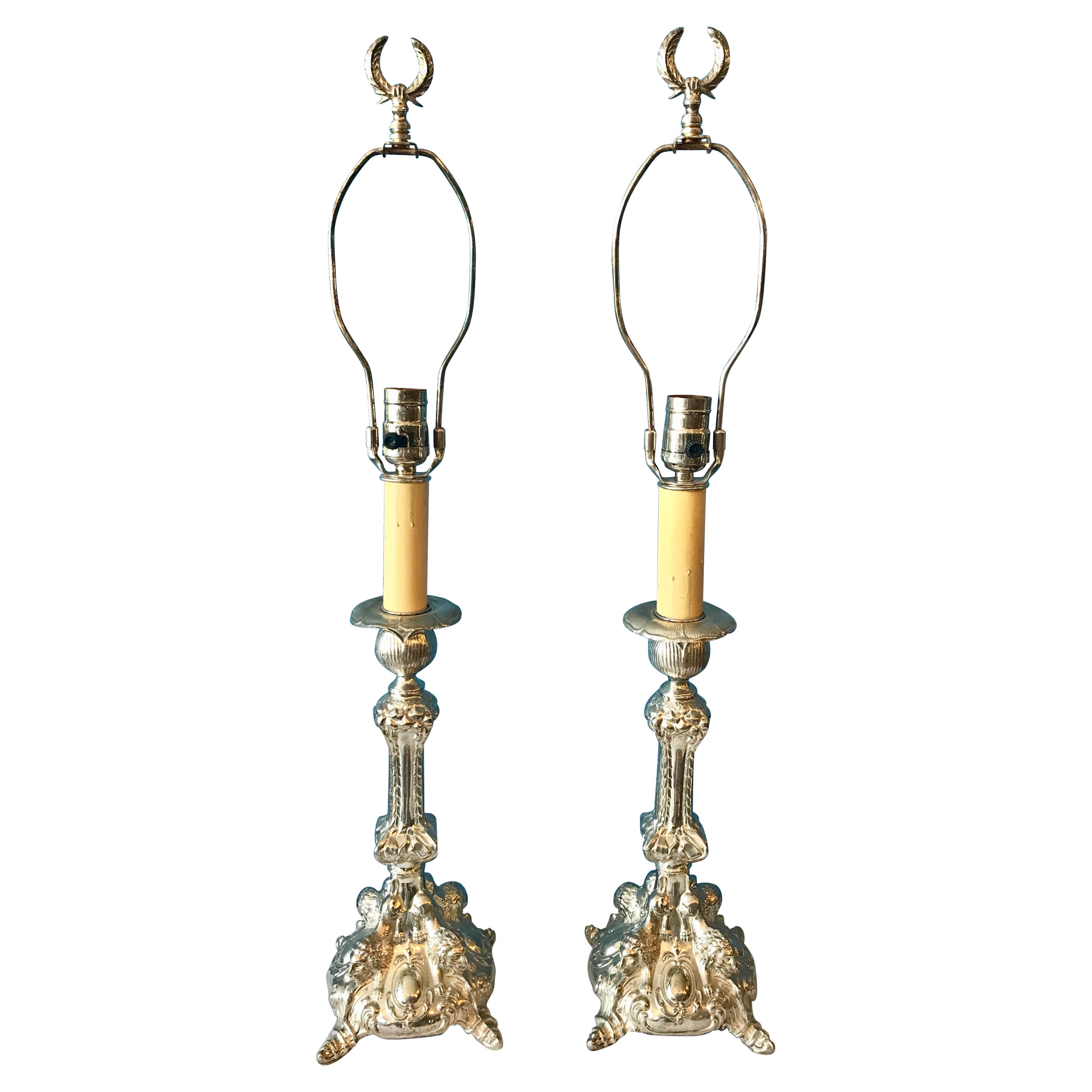 Pair of Continental Silvered Lamps For Sale