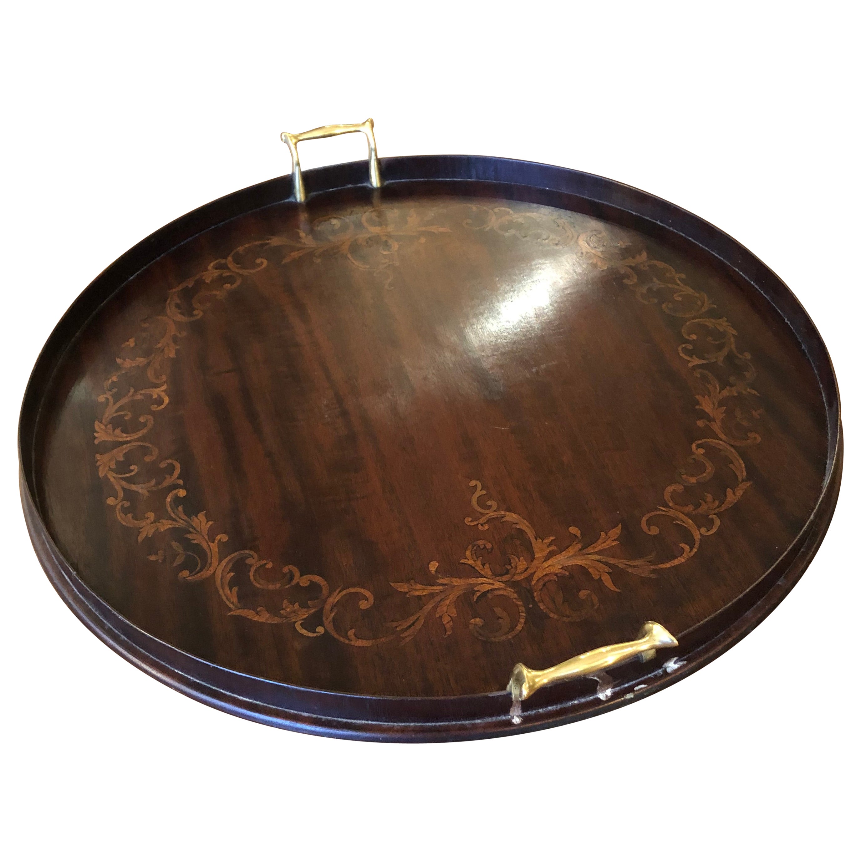 Handsome Round Vintage Mahogany Inlay Tray with Brass Handles