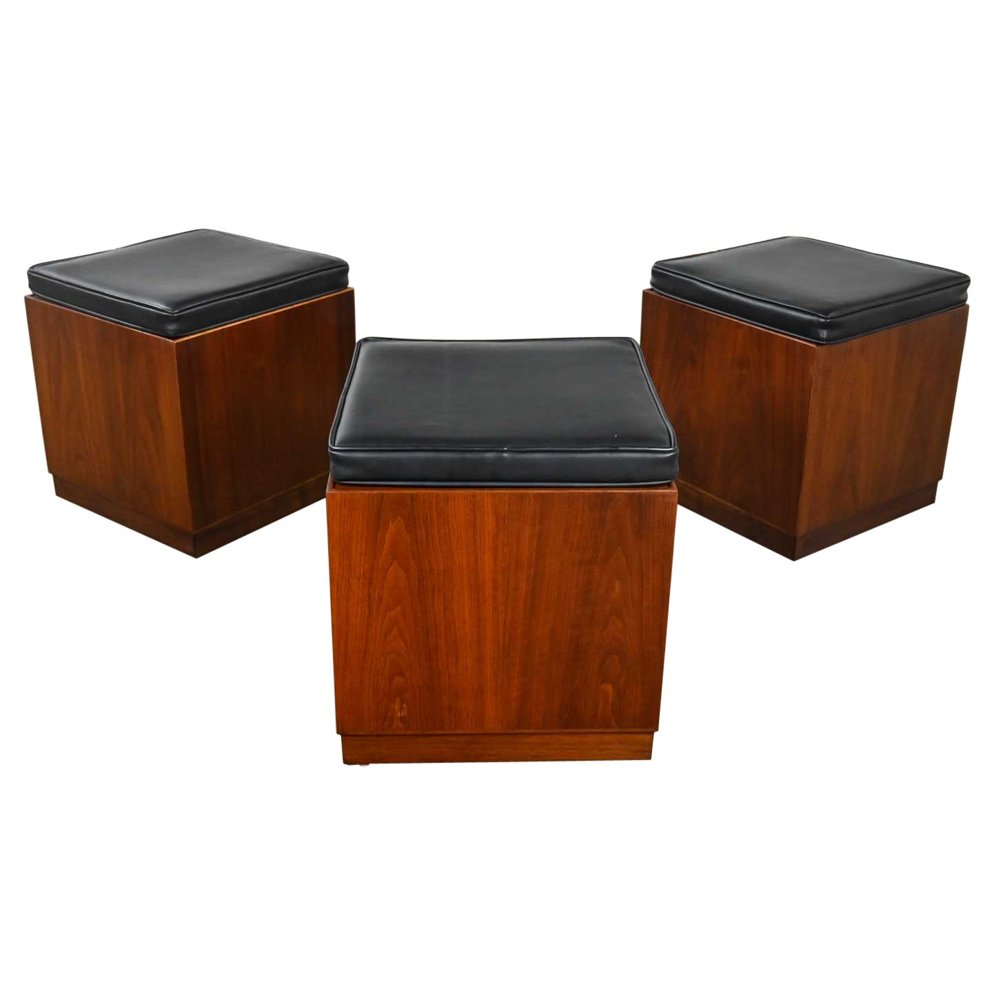 MCM 3 Walnut Cube Stools Black Upholstered Tops Jack Cartwright for Founders For Sale