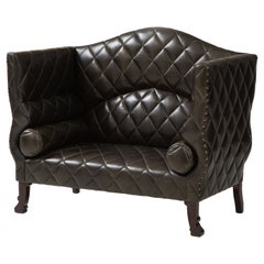 Custom George Smith 2000s Black Tufted Leather Sofa
