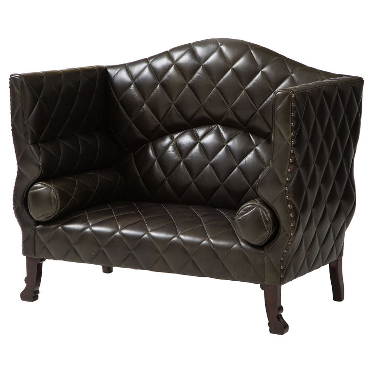 Custom George Smith 2000s Black Tufted Leather Sofa For Sale