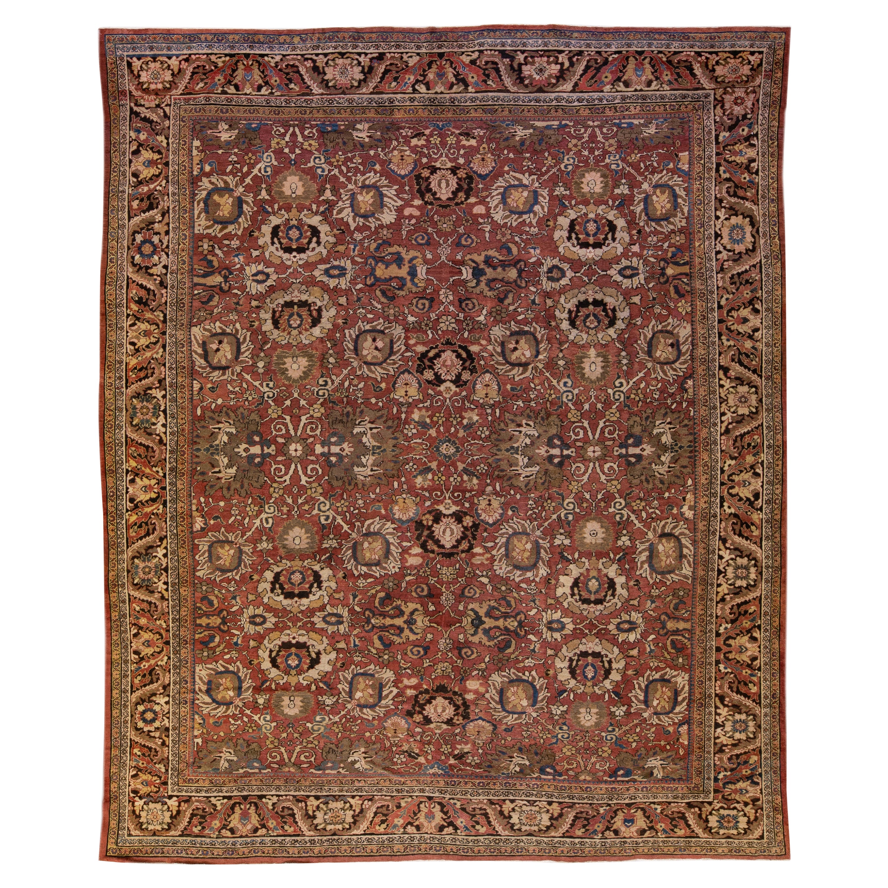 Antique Sultanabad Handmade Floral Red Oversize Wool Rug For Sale