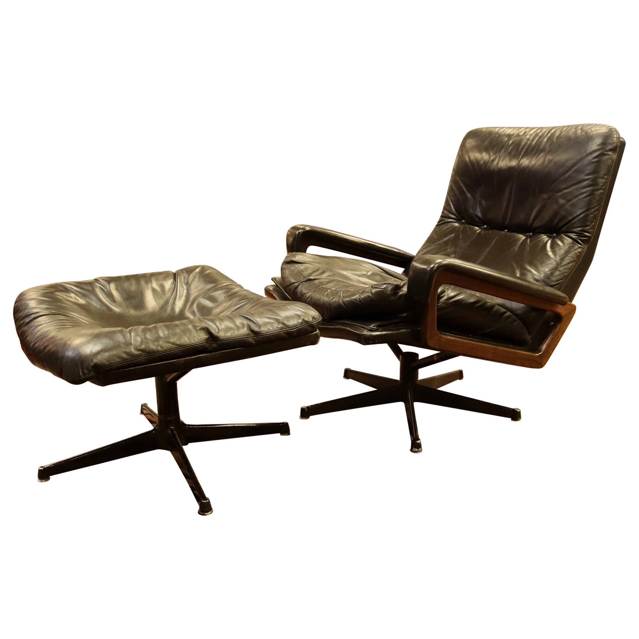 Mid-Century Modern Black Leather Lounge Chair & Ottoman Set 1970s