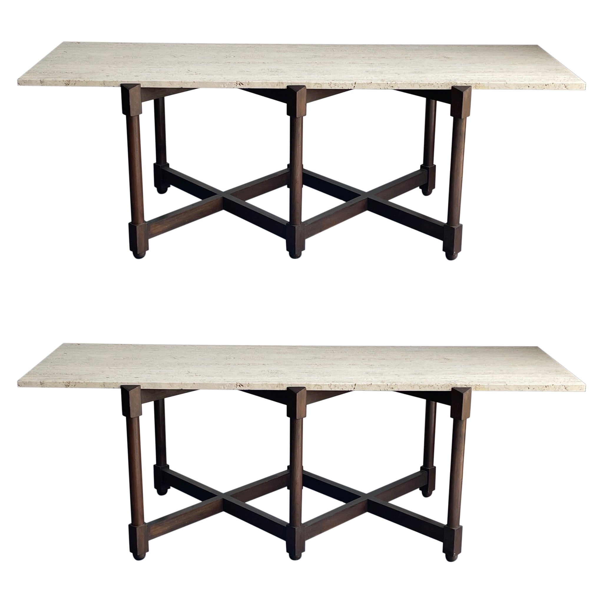 Pair Sofa / Console Tables with Travertine Tops Attr. to Edward Wormley/ Dunbar