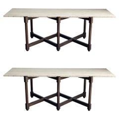 Pair Sofa / Console Tables with Travertine Tops Attr. to Edward Wormley/ Dunbar