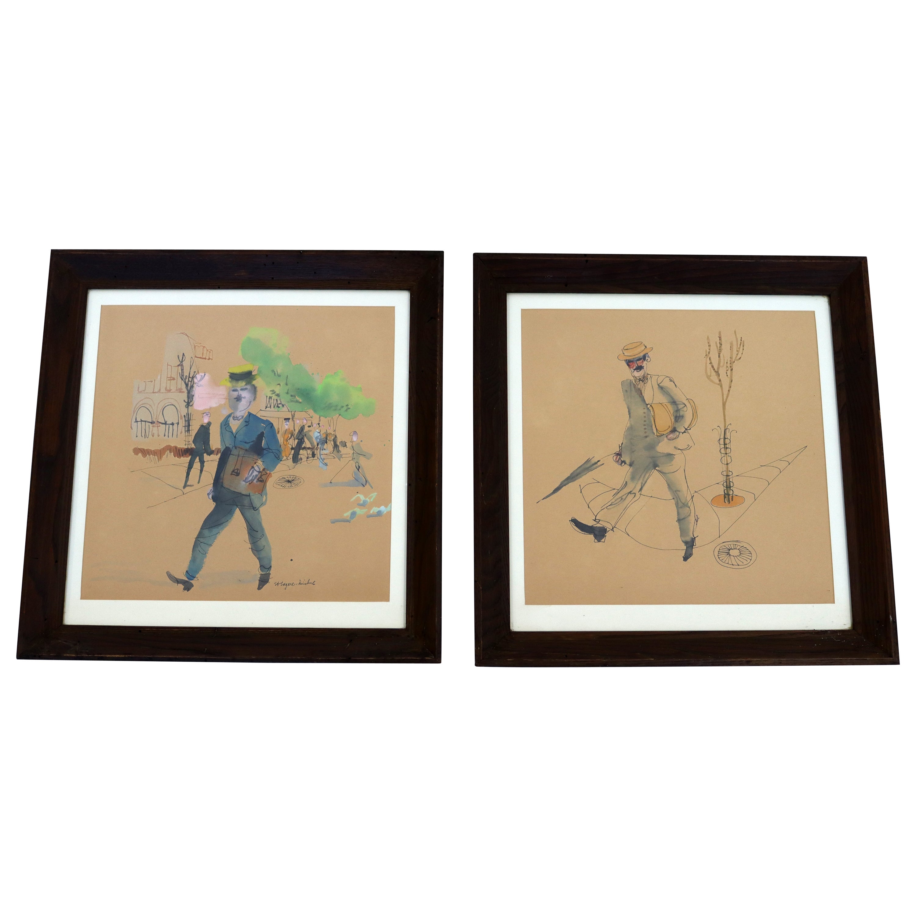 Mid-Century Modern Framed Pair of Watercolor Paintings Signed St. Lagare Michael