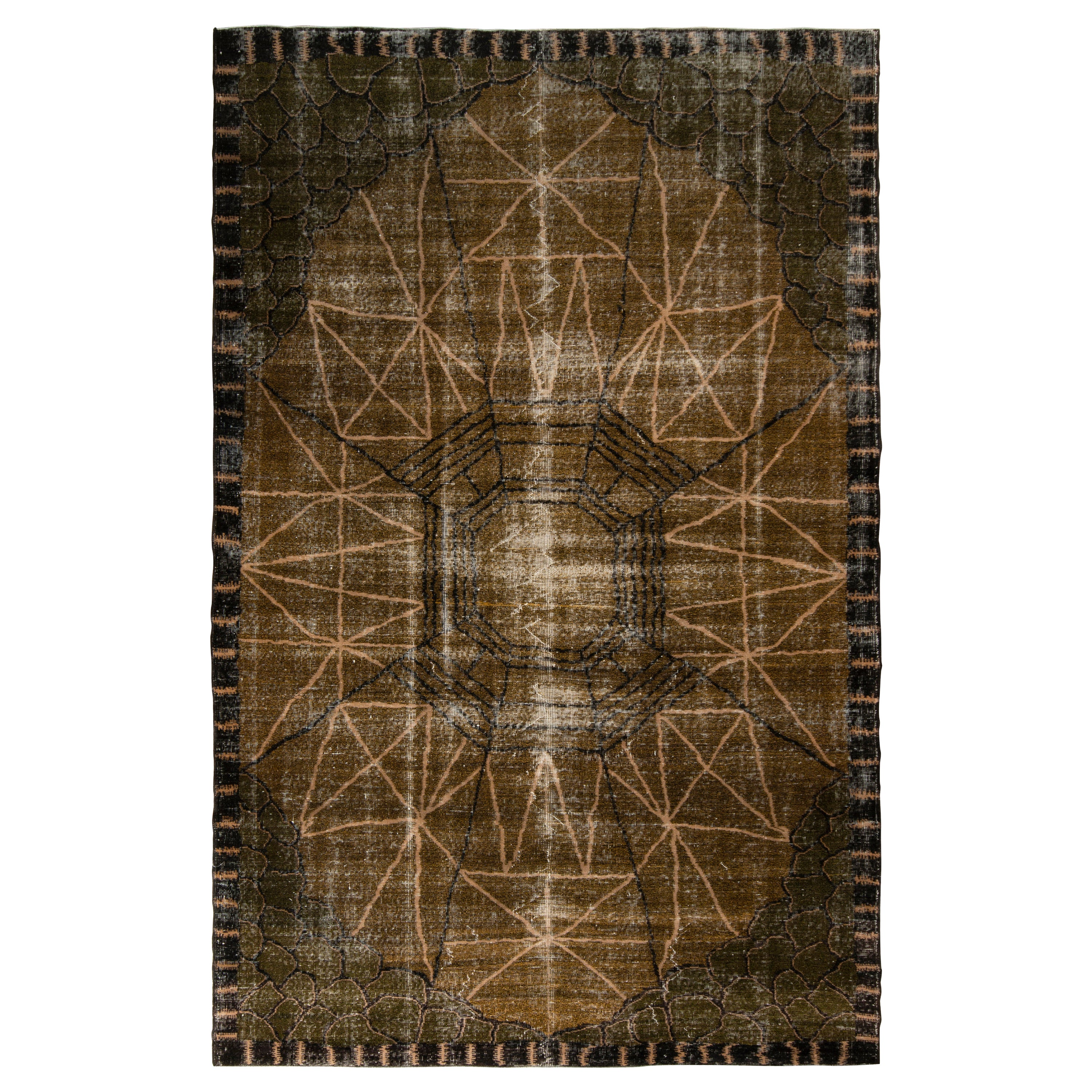 Hand-Knotted Vintage Art Deco Rug in Brown, Geometric Pattern by Rug & Kilim For Sale