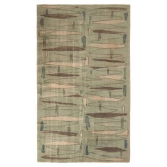 Hand-Knotted Vintage Deco Rug in Green, Brown Geometric Pattern by Rug & Kilim