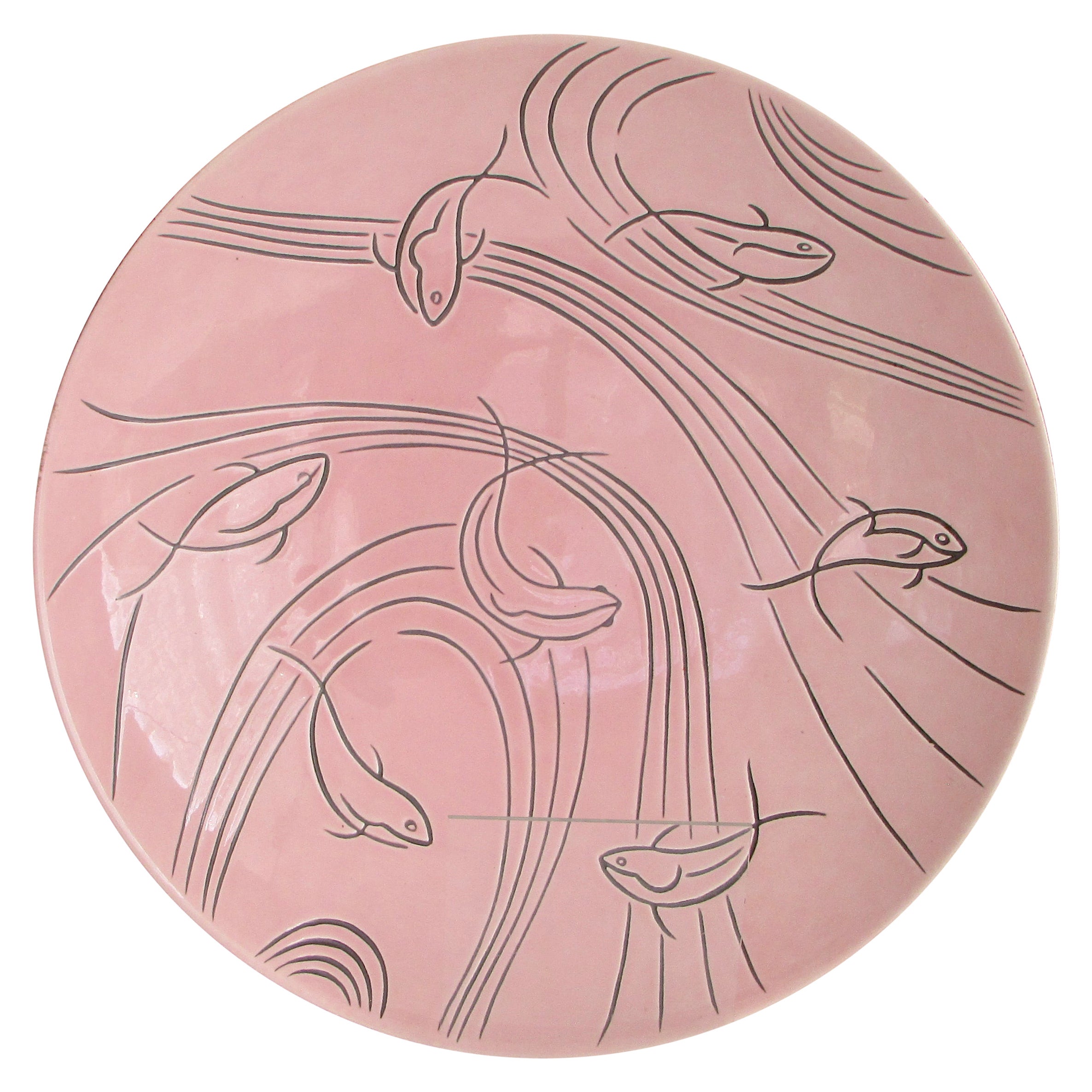 Roselane Pottery of Pasadena Pink Salad Bowl with Incised Modernist Fish Design