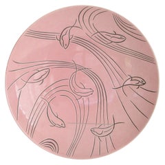 Retro Roselane Pottery of Pasadena Pink Salad Bowl with Incised Modernist Fish Design