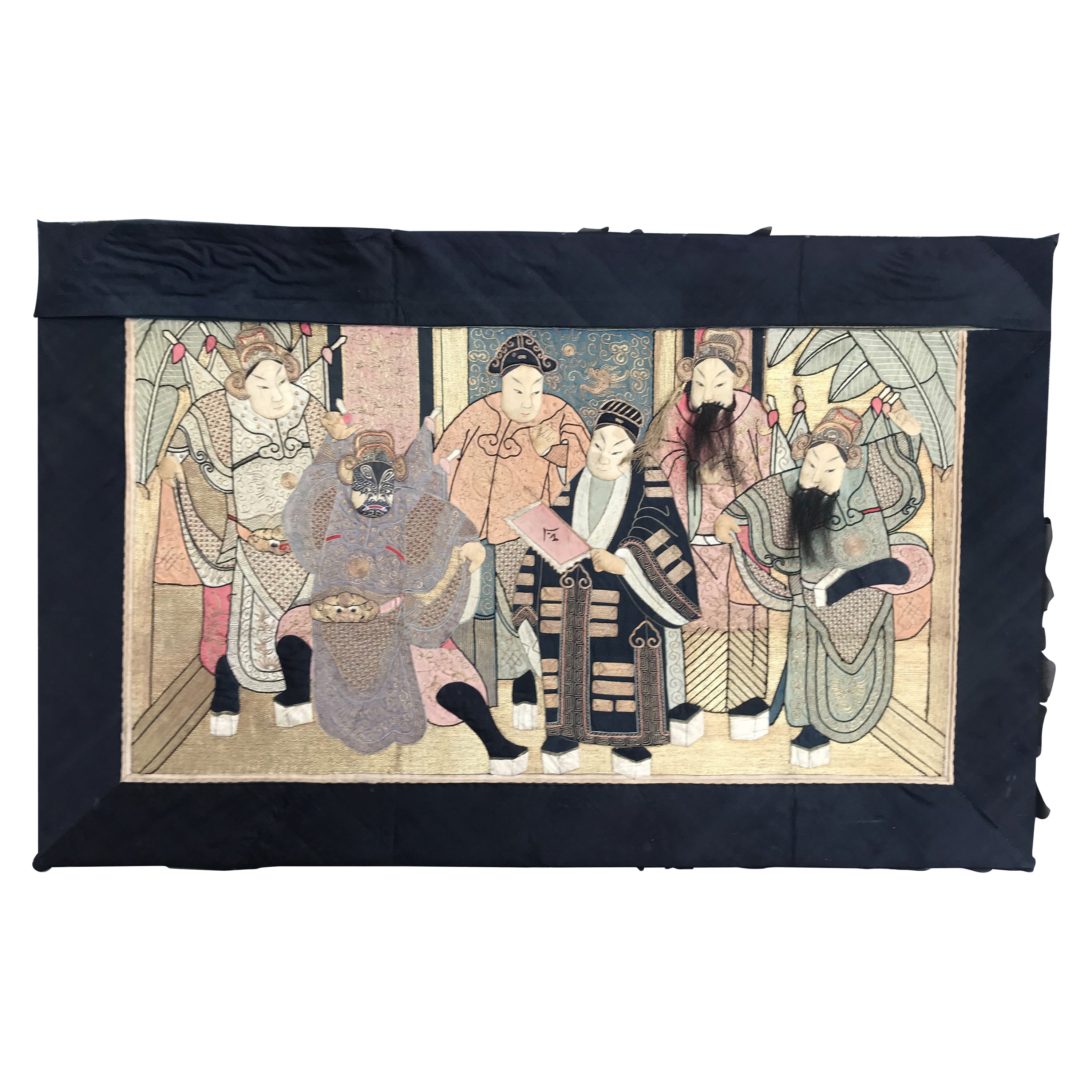 Bobyrug’s Wonderful Antique Chinese Pictural Embroidery with Silk and Metal For Sale