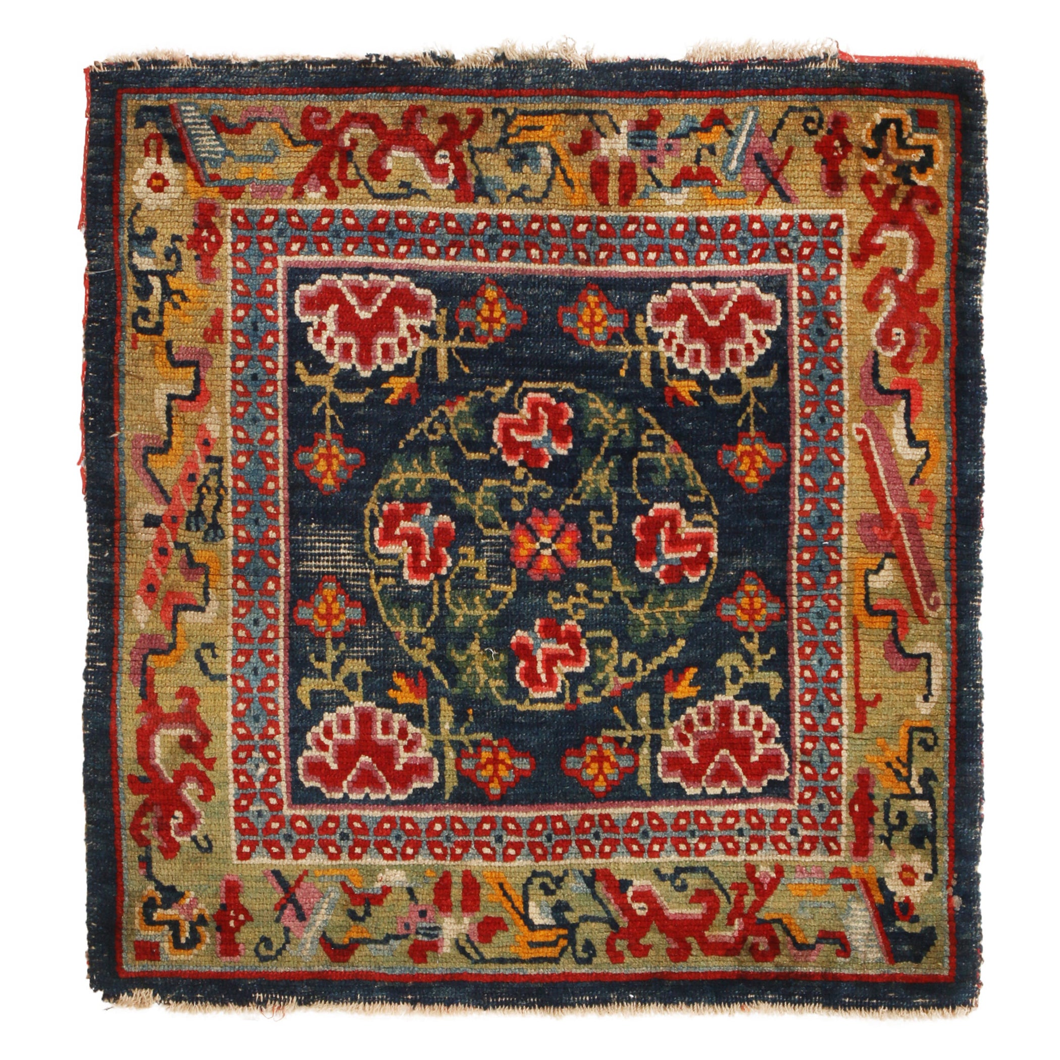 Antique Tibetan Geometric Green and Red Wool Floral Rug by Rug & Kilim For Sale