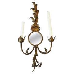 Gold Gilt Tole Metal Sheaf of Wheat Candle Wall Sconce with Mirror