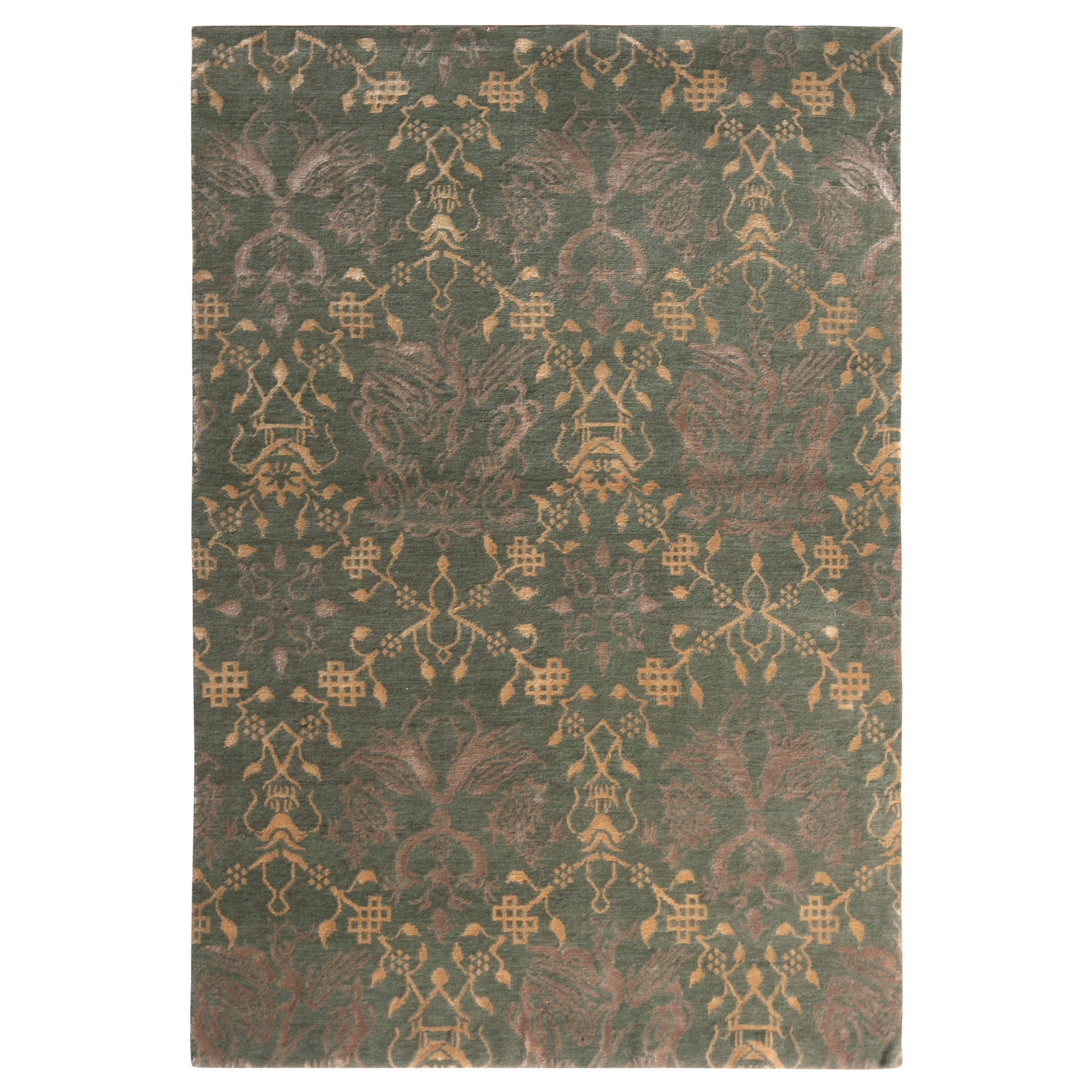 Traditioneller Teppich und Kelim-Teppich im europäischen Stil in Grün und Gold mit Bildmuster im Angebot