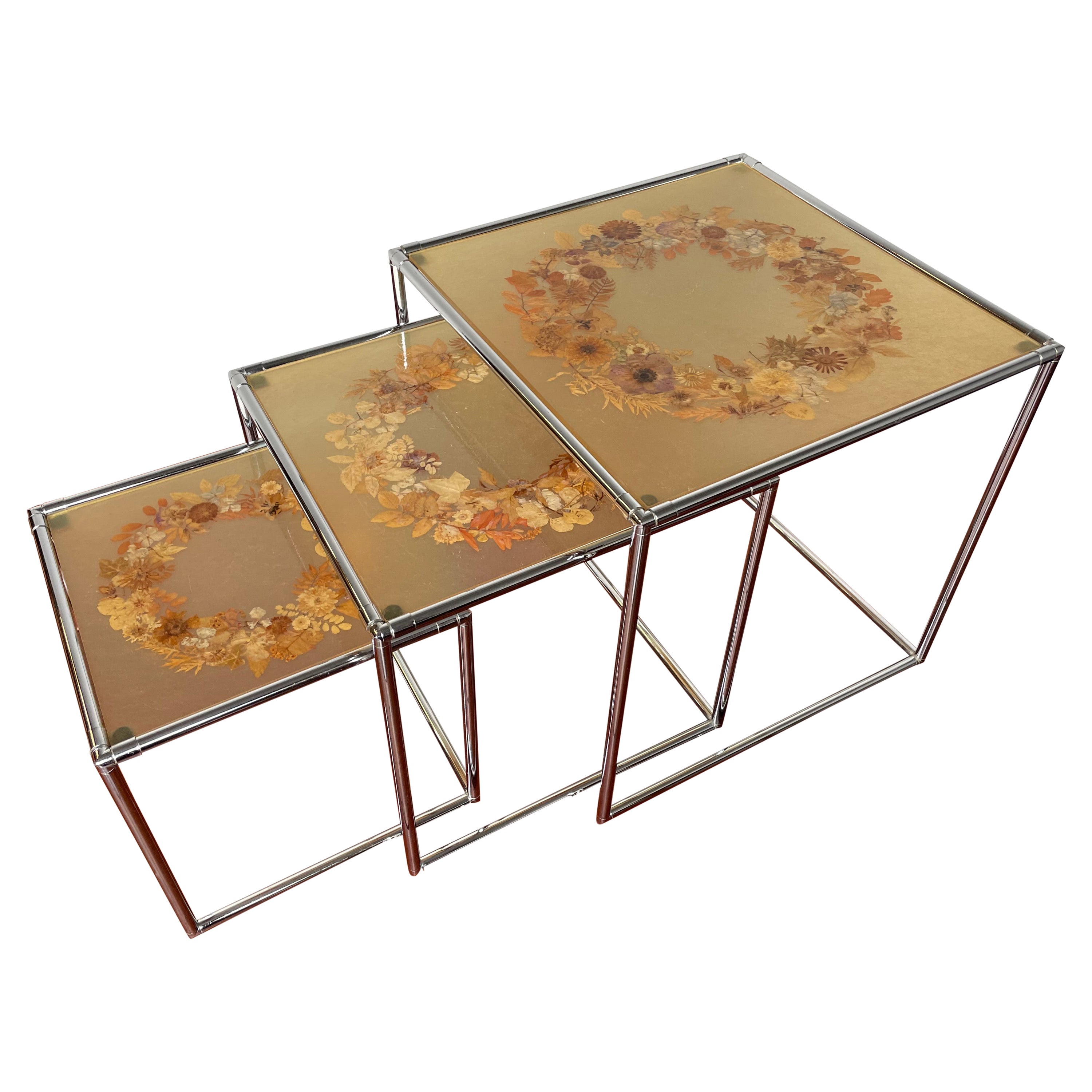 Rare Mid-Century Modern, French Set of Chrome & Resin Inlaid Tables by Accolay For Sale