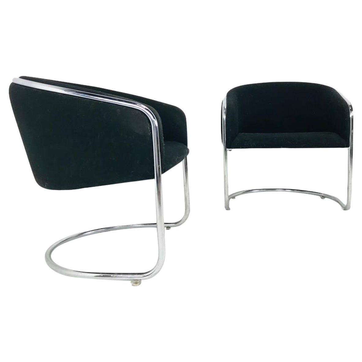 Pair of Black & Chrome Thonet Barrel Back Club Chairs