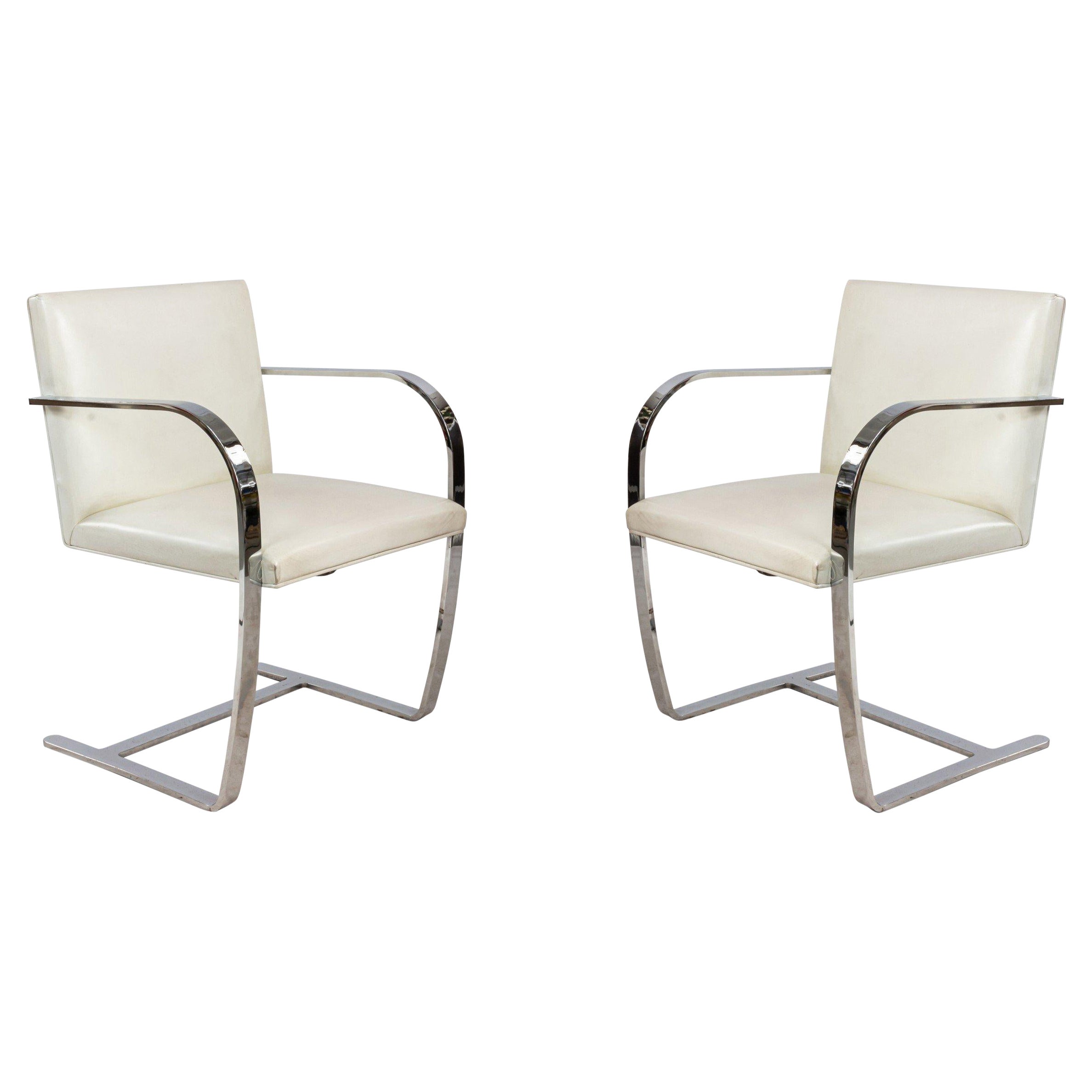 Set of 4 Mid-Century Chrome and White Leather Armchairs