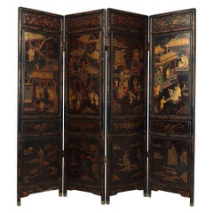 Antique Fine Chinese Export Gilt and Black Lacquer Screen, c1840