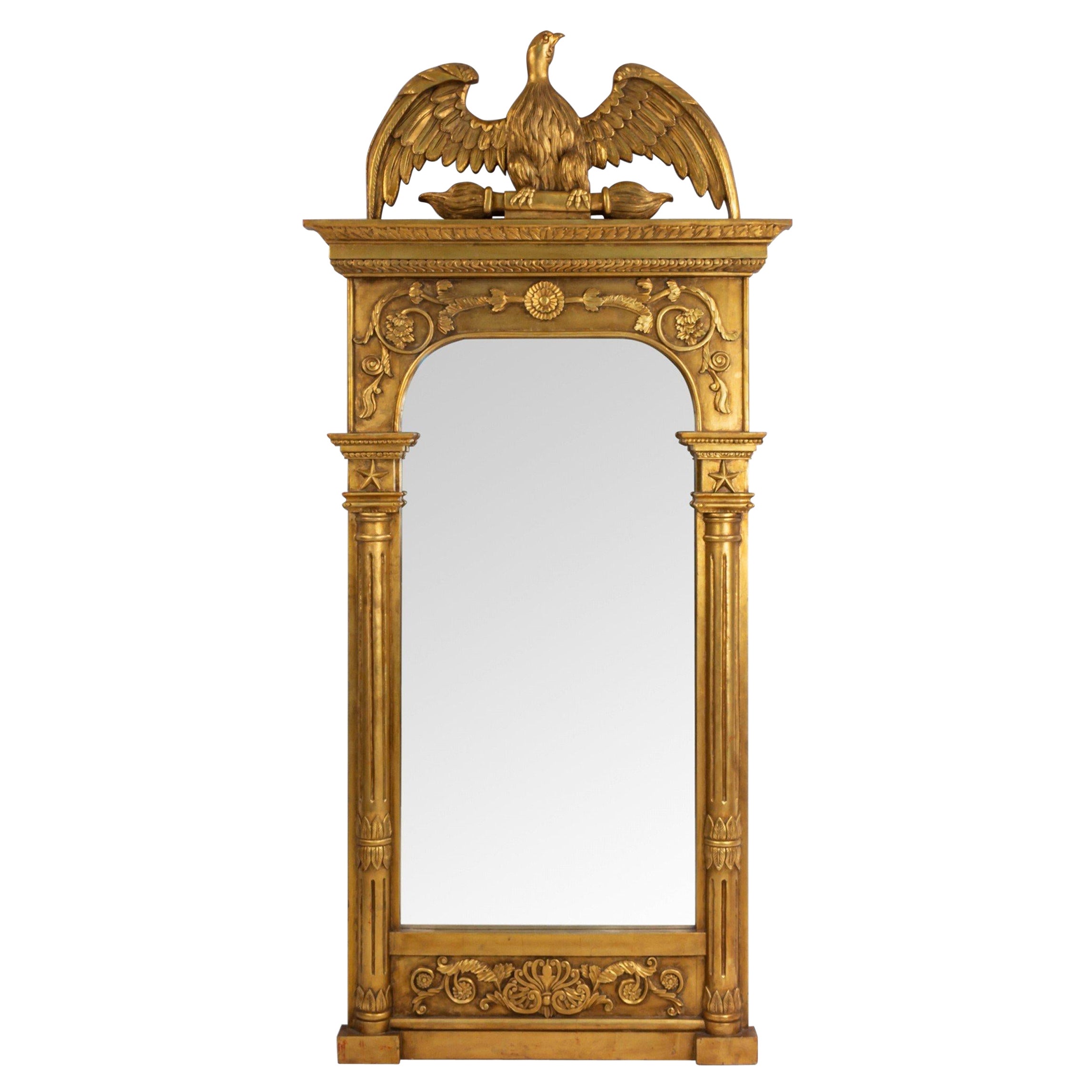 American Federal Carved Giltwood Eagle Pediment Wall Mirror For Sale