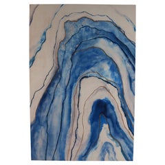 Pittura astratta a spirale blu, marrone e beige su tela