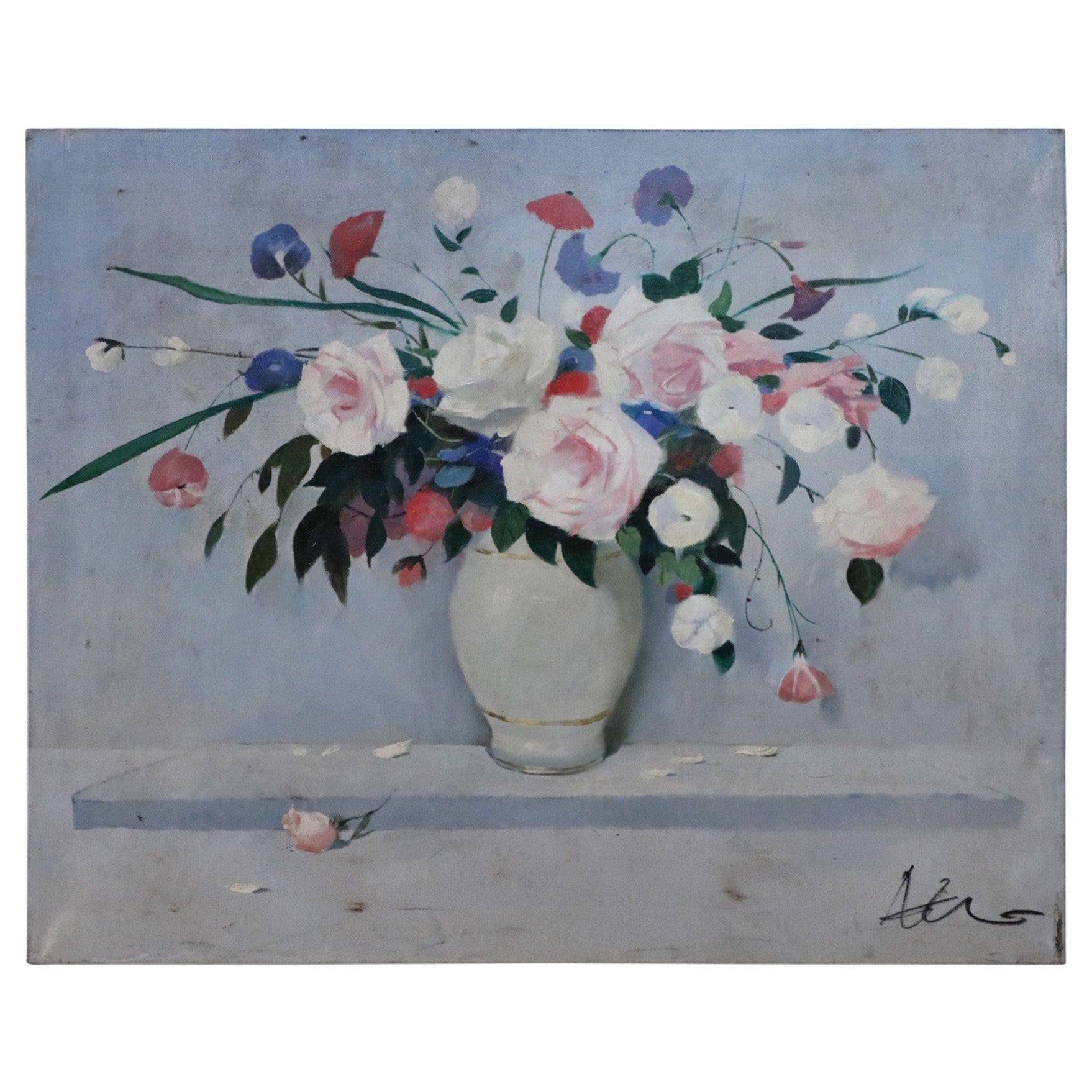 Floral Arrangement in White Vase Still Life Painting on Canvas For Sale