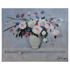 Vintage Floral Arrangement in White Vase Still Life Painting on Canvas