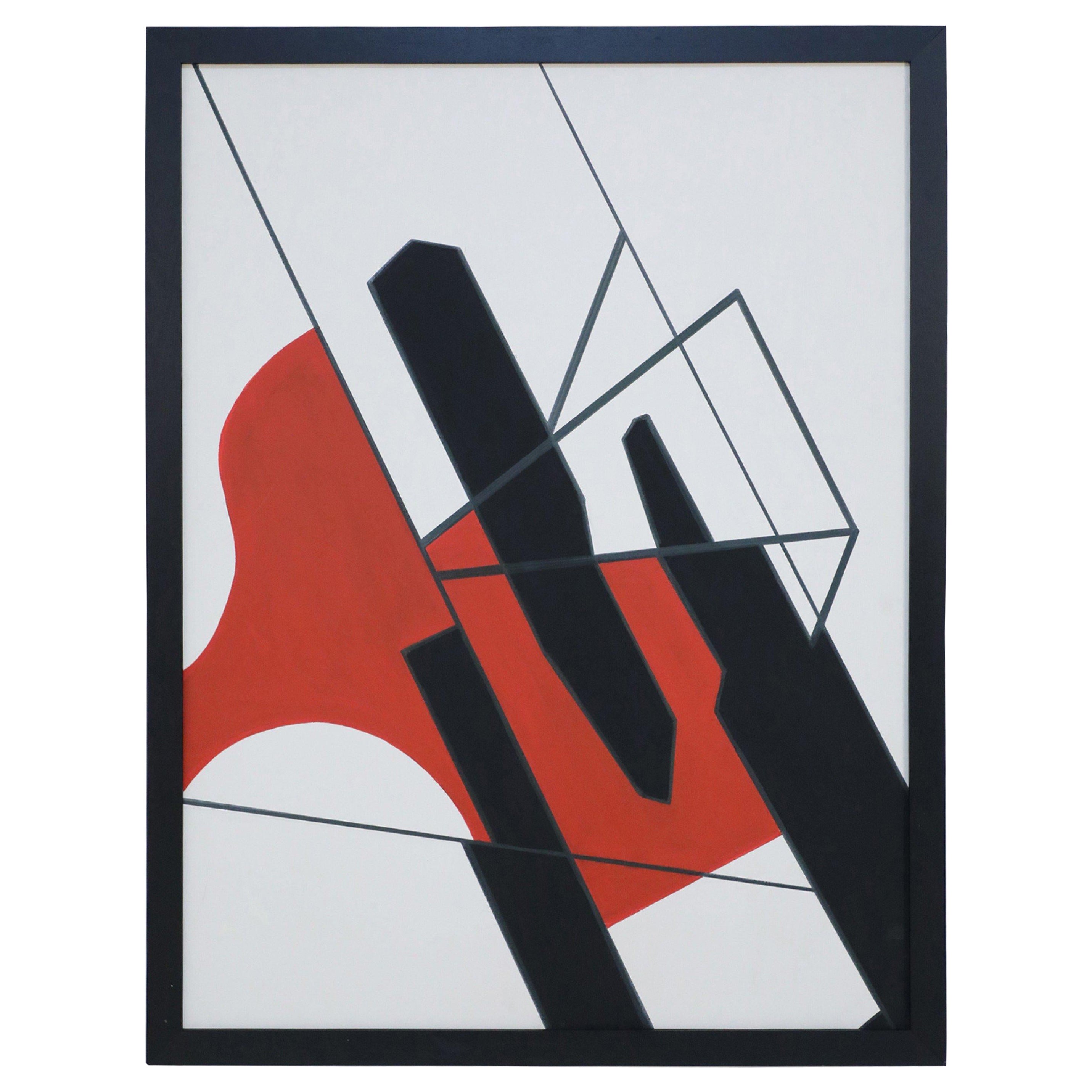 Framed Acrylic Abstract Painting of Geometric Shapes in Black, Red, and White