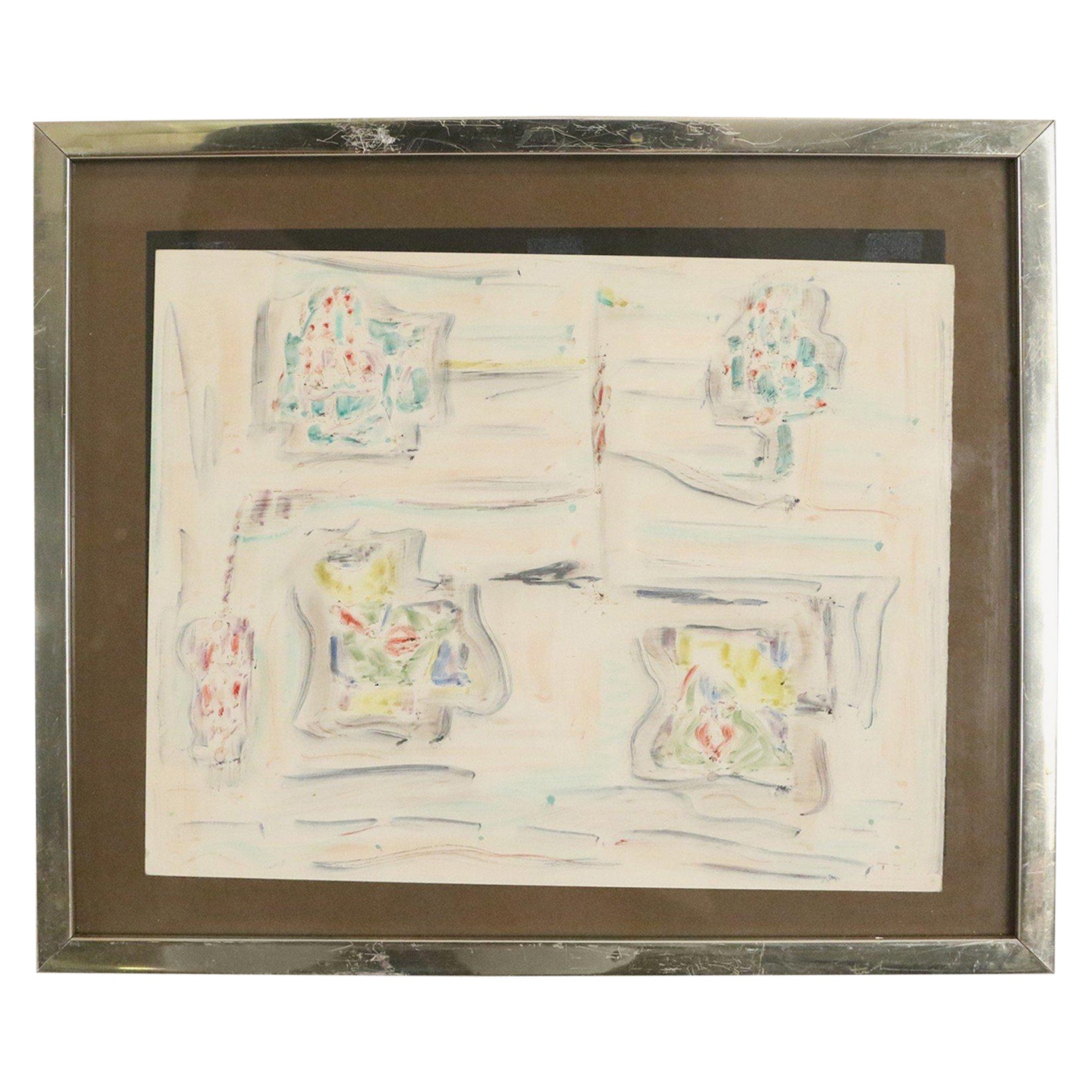 Vintage Chrome Framed Abstract Watercolor Painting For Sale