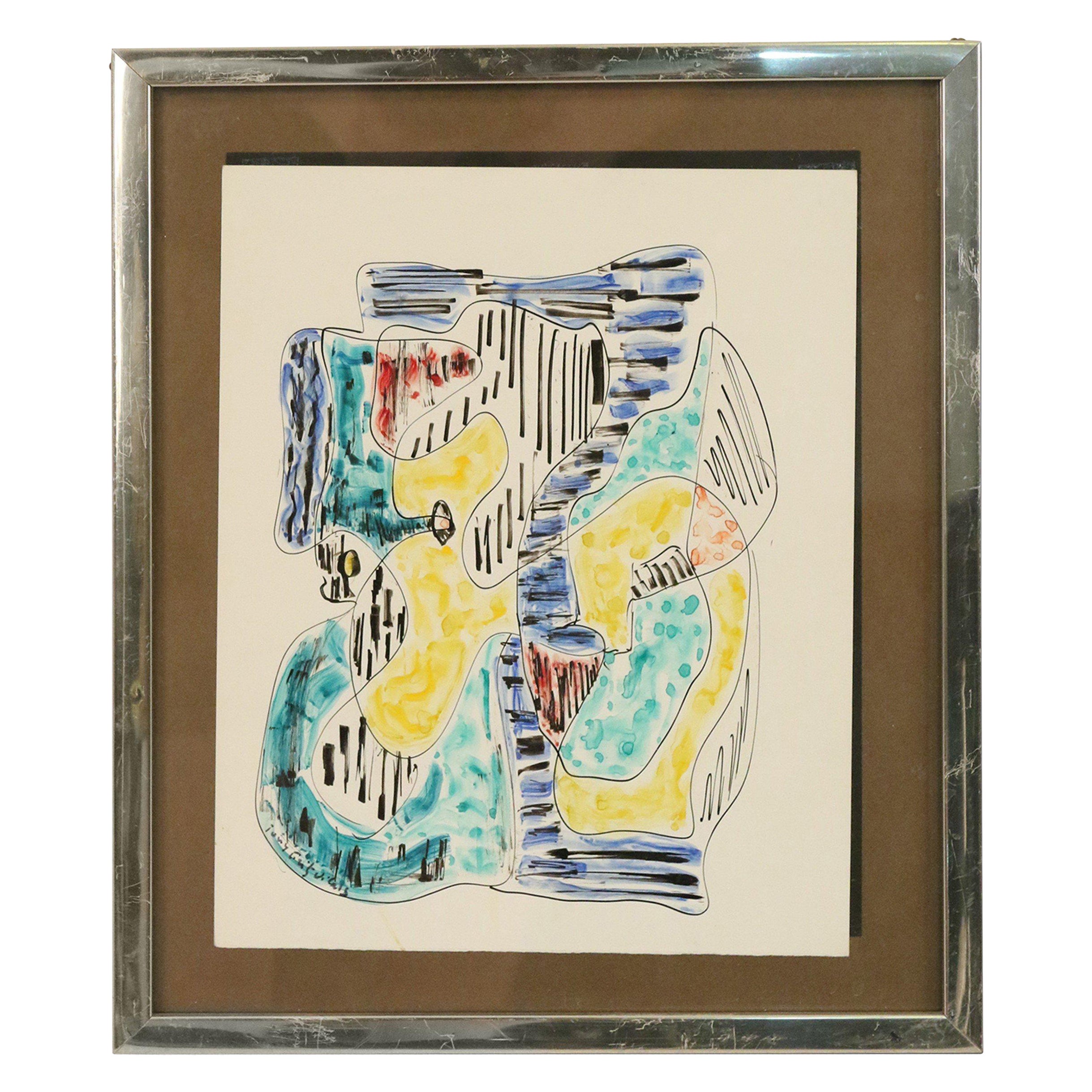 Vintage Silver Framed Abstract Multi-colored Pen and Watercolor Painting