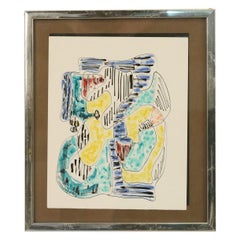 Vintage Silver Framed Abstract Multi-colored Pen and Watercolor Painting