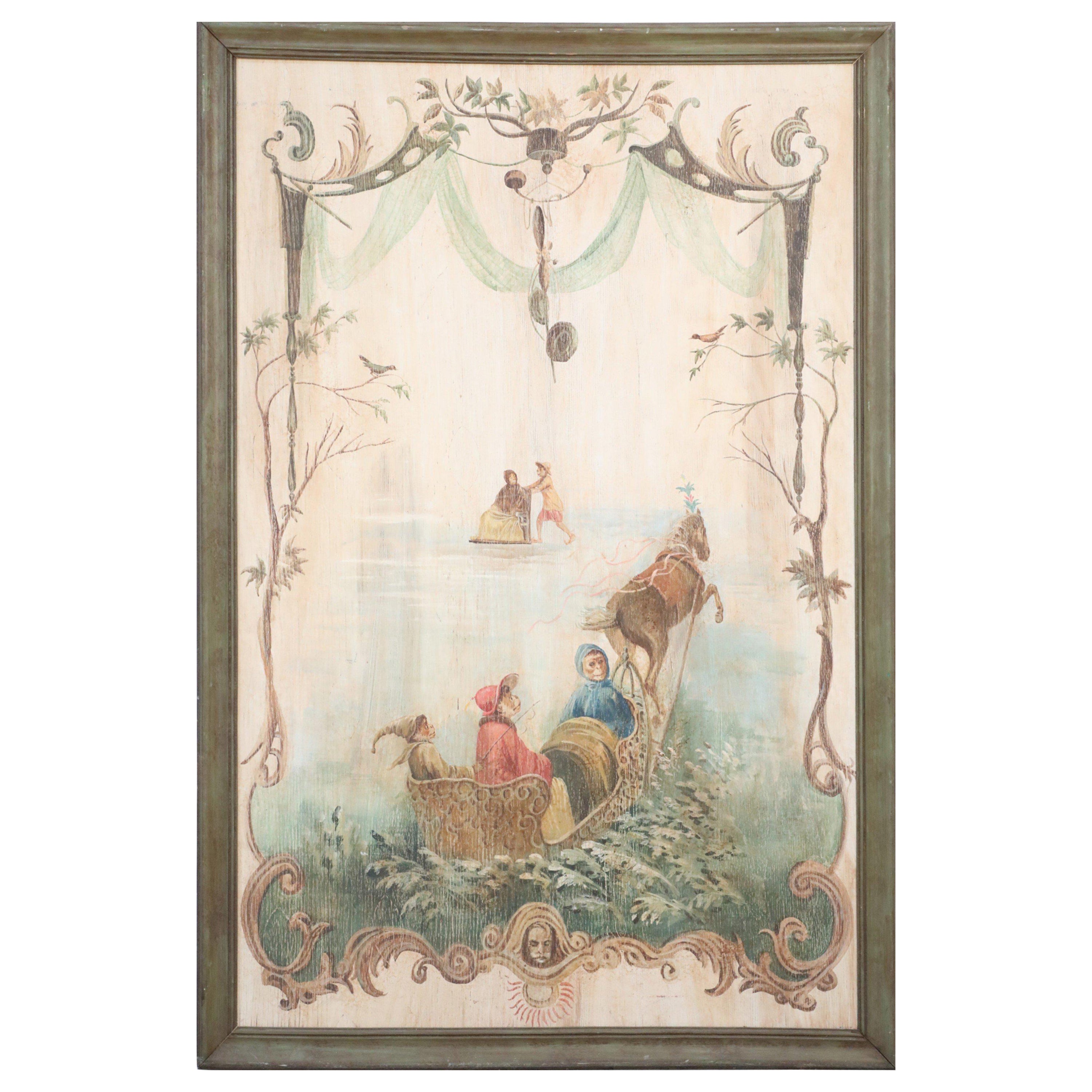 Singerie Carriage Painting on Wood For Sale