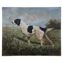 Vintage Black and White Hunting Dog Oil Painting on Canvas