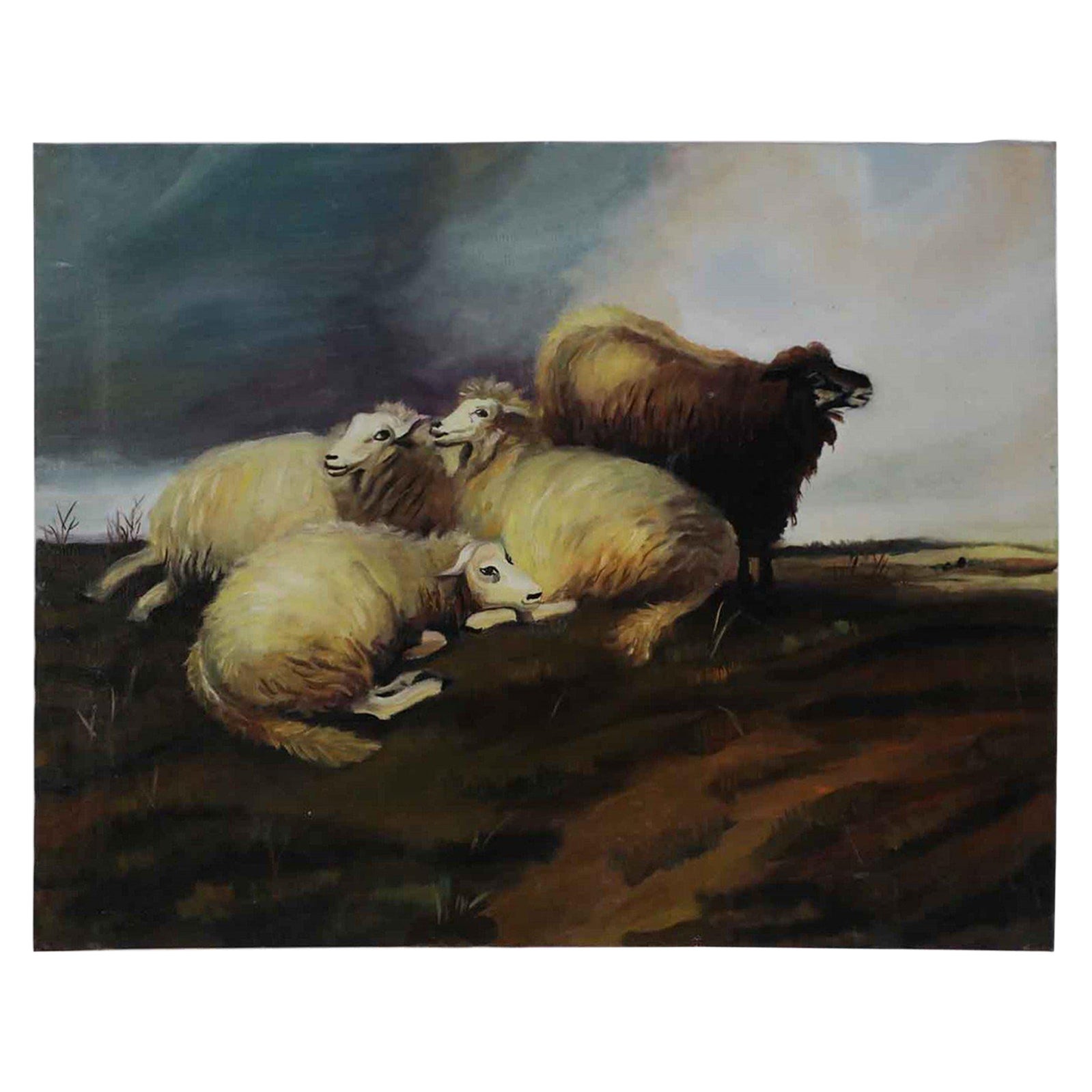 Peinture à l'huile sur toile - Groupe de moutons dans un champ