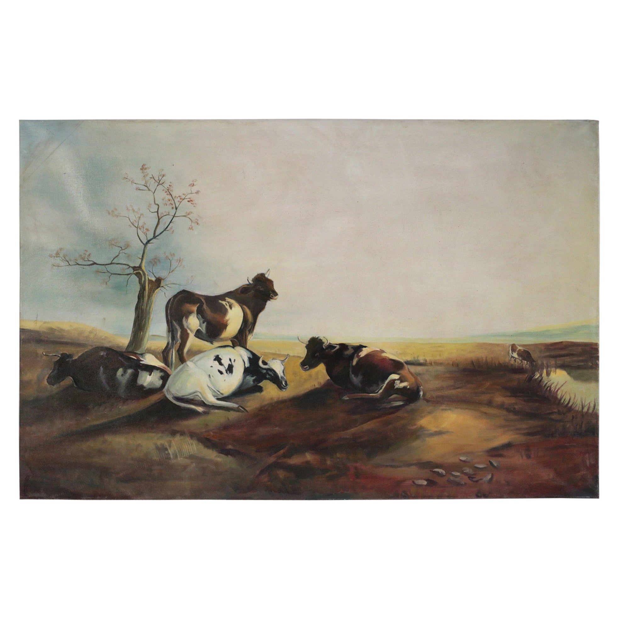 Peinture à l'huile sur toile - Bouteille reposant sur un champ