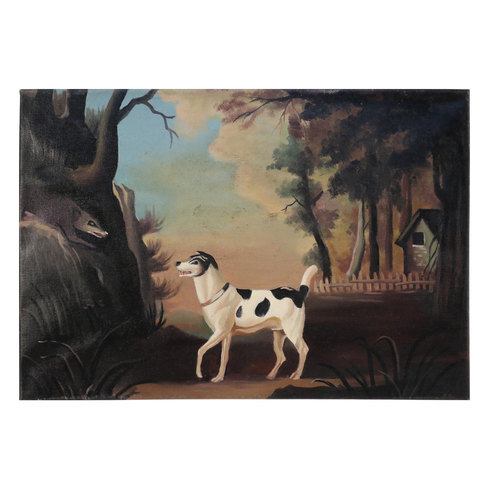 Peinture à l'huile d'un chien de chasse noir et blanc en vente