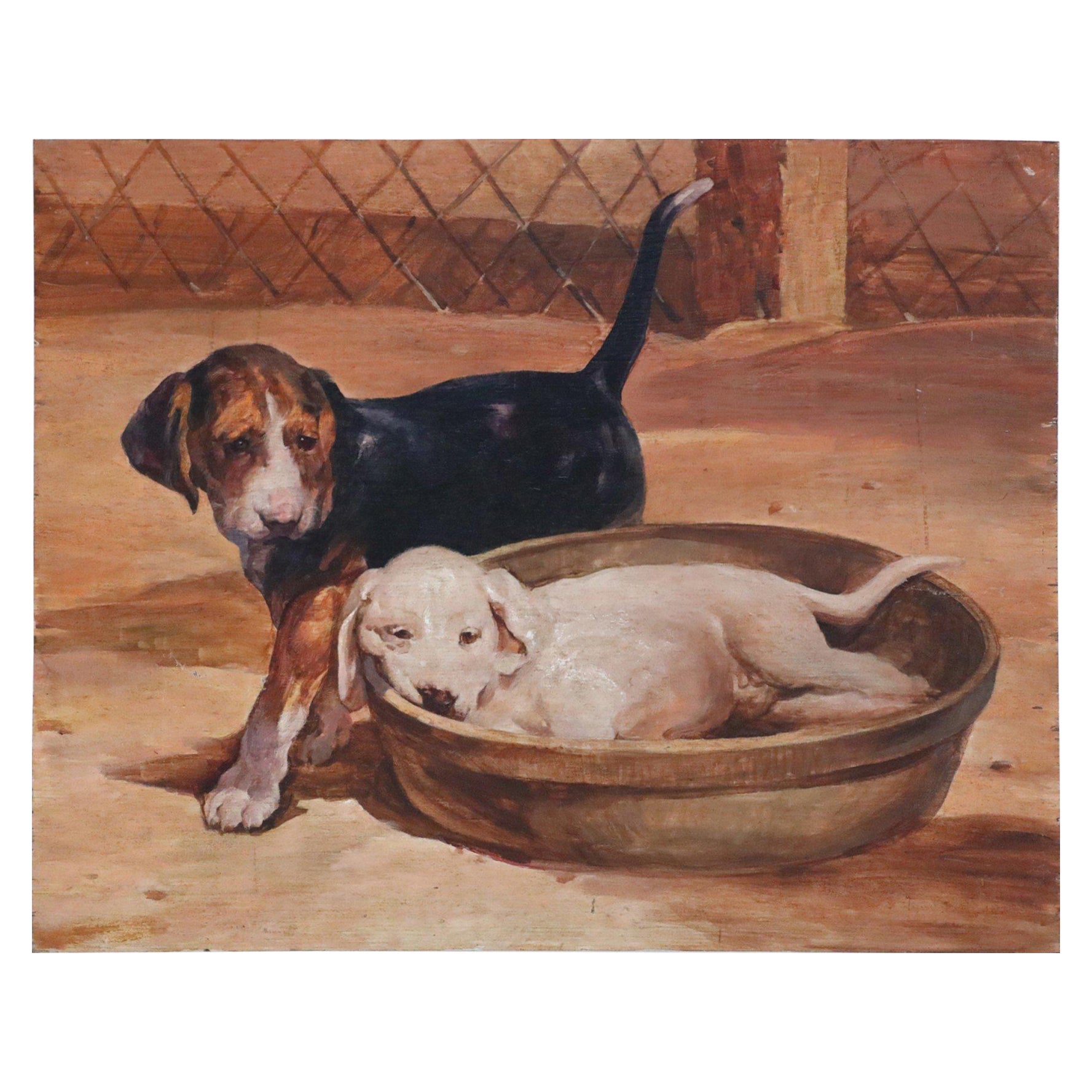 Two Puppies and Basket Painting on Wood For Sale