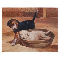 Two Puppies and Basket Painting on Wood