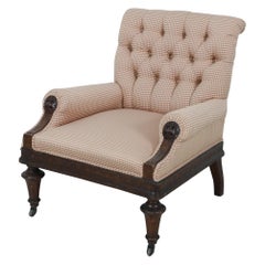 Antique American Victorian Tufted Upholstered Red and Beige Checkered Mahogany Armchair