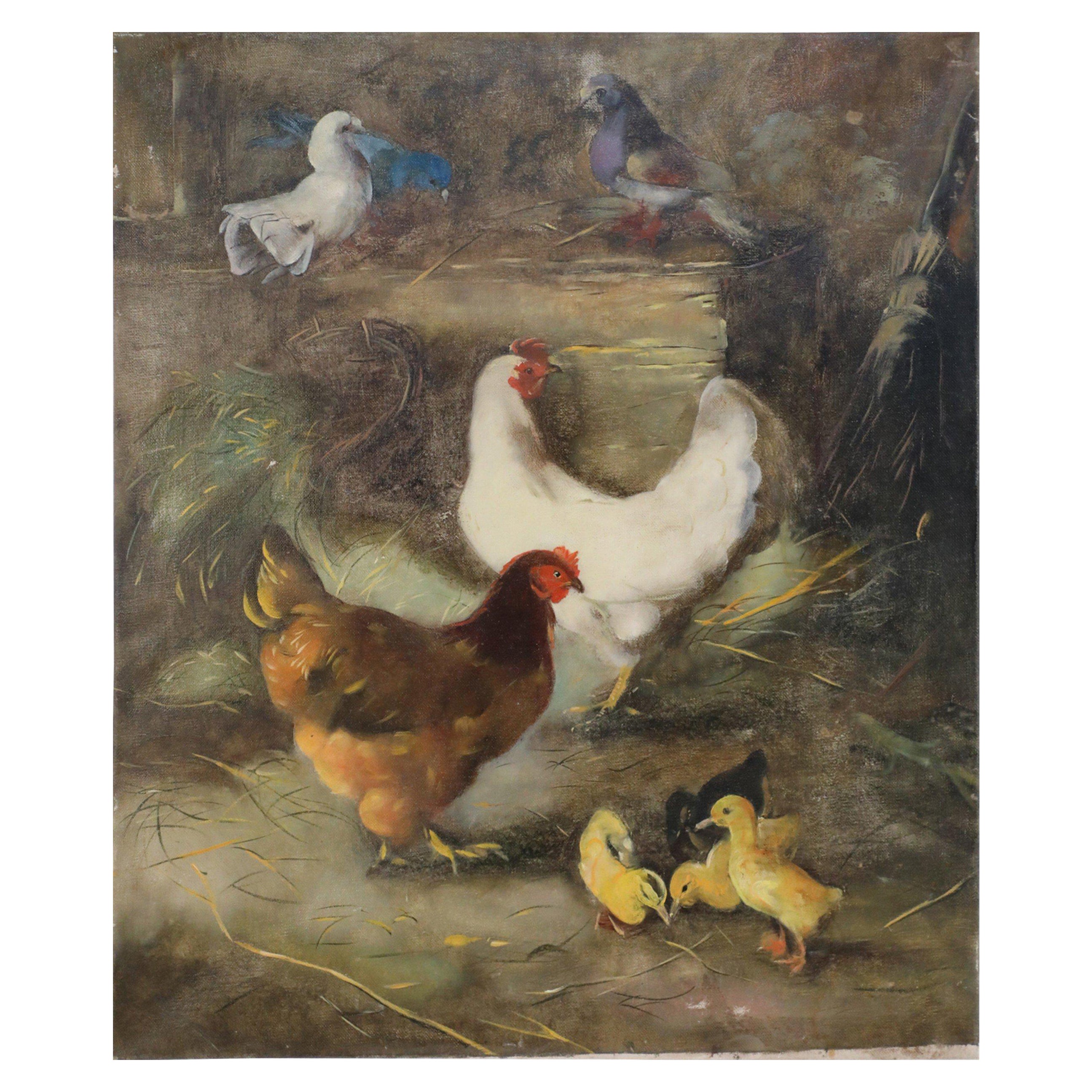 Feeding Fowl in Barn Oil Painting on Canvas For Sale