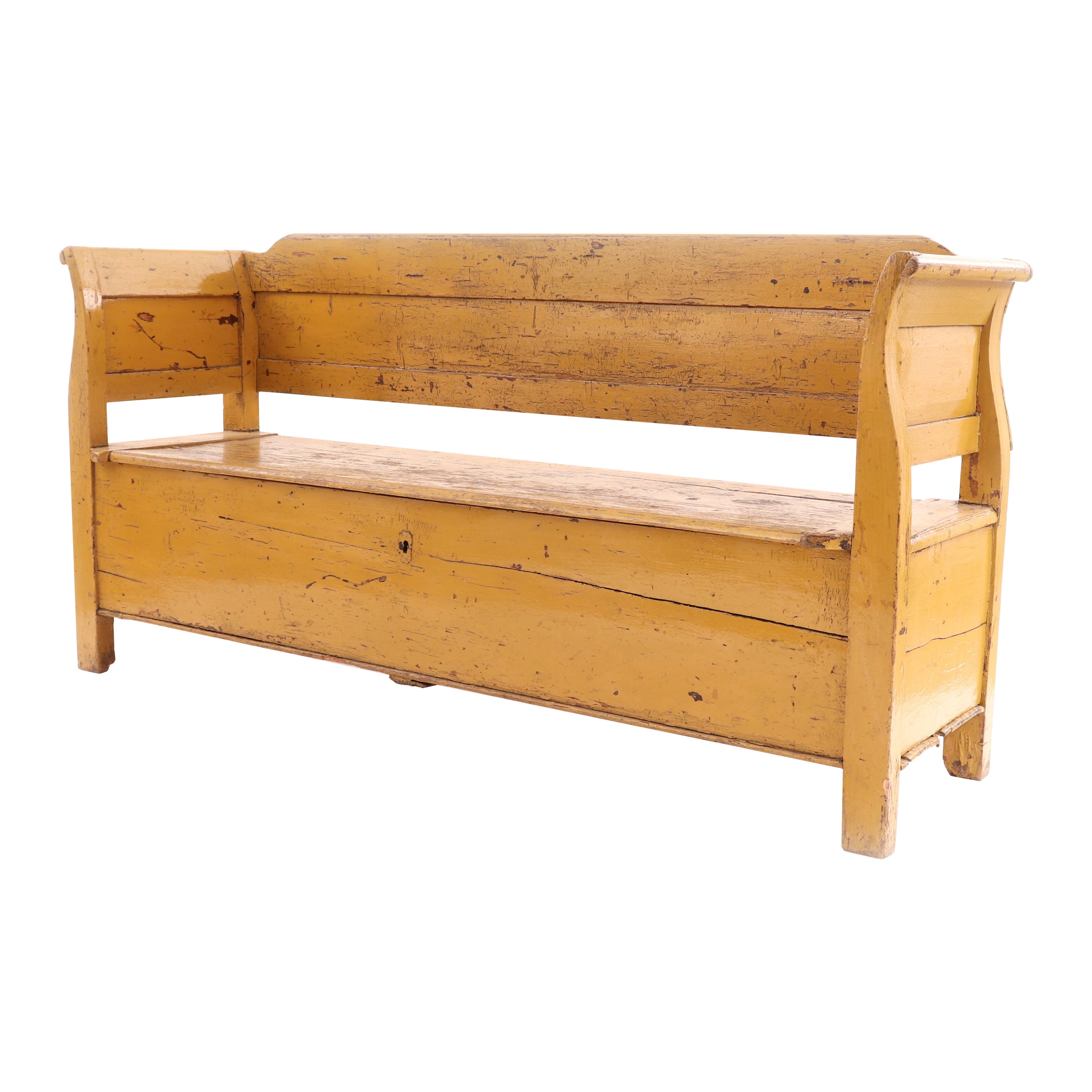 19th Century Rustic Canadian Yellow Wooden Bench For Sale