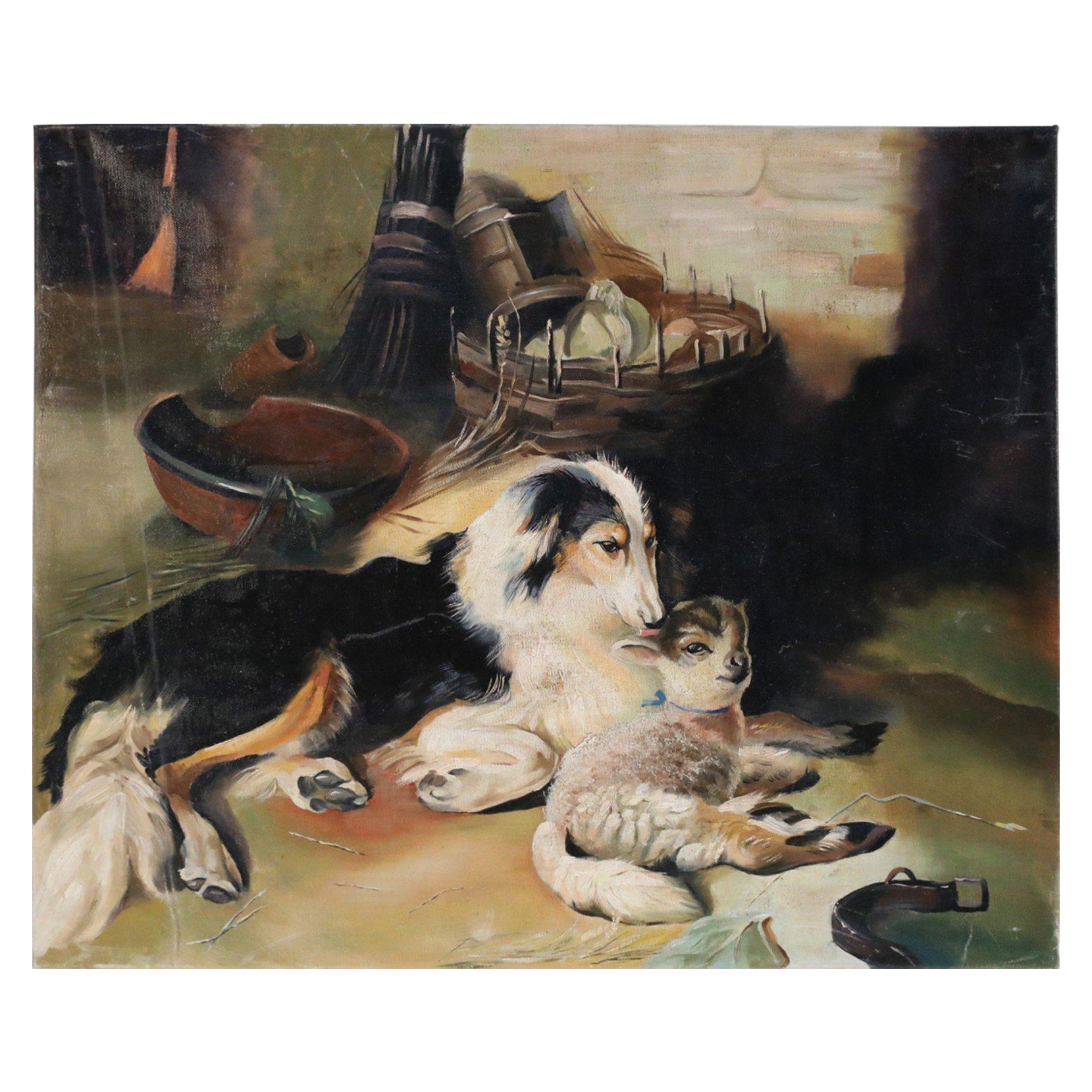 Peinture à l'huile sur toile vintage représentant un chien et un agneau