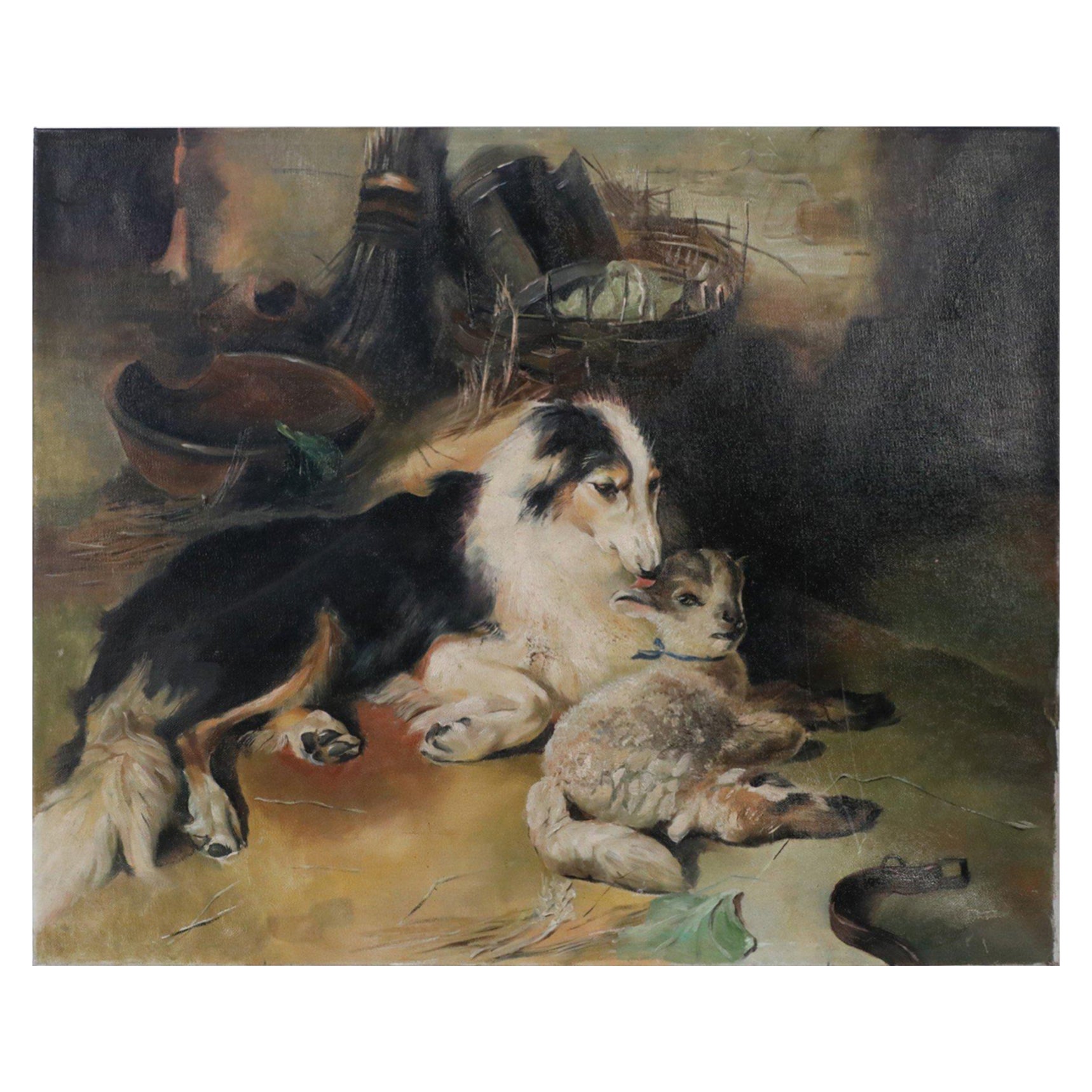 Peinture à l'huile sur toile vintage représentant un chien et un agneau en vente