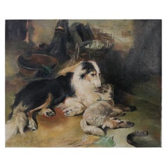 Peinture à l'huile sur toile vintage représentant un chien et un agneau