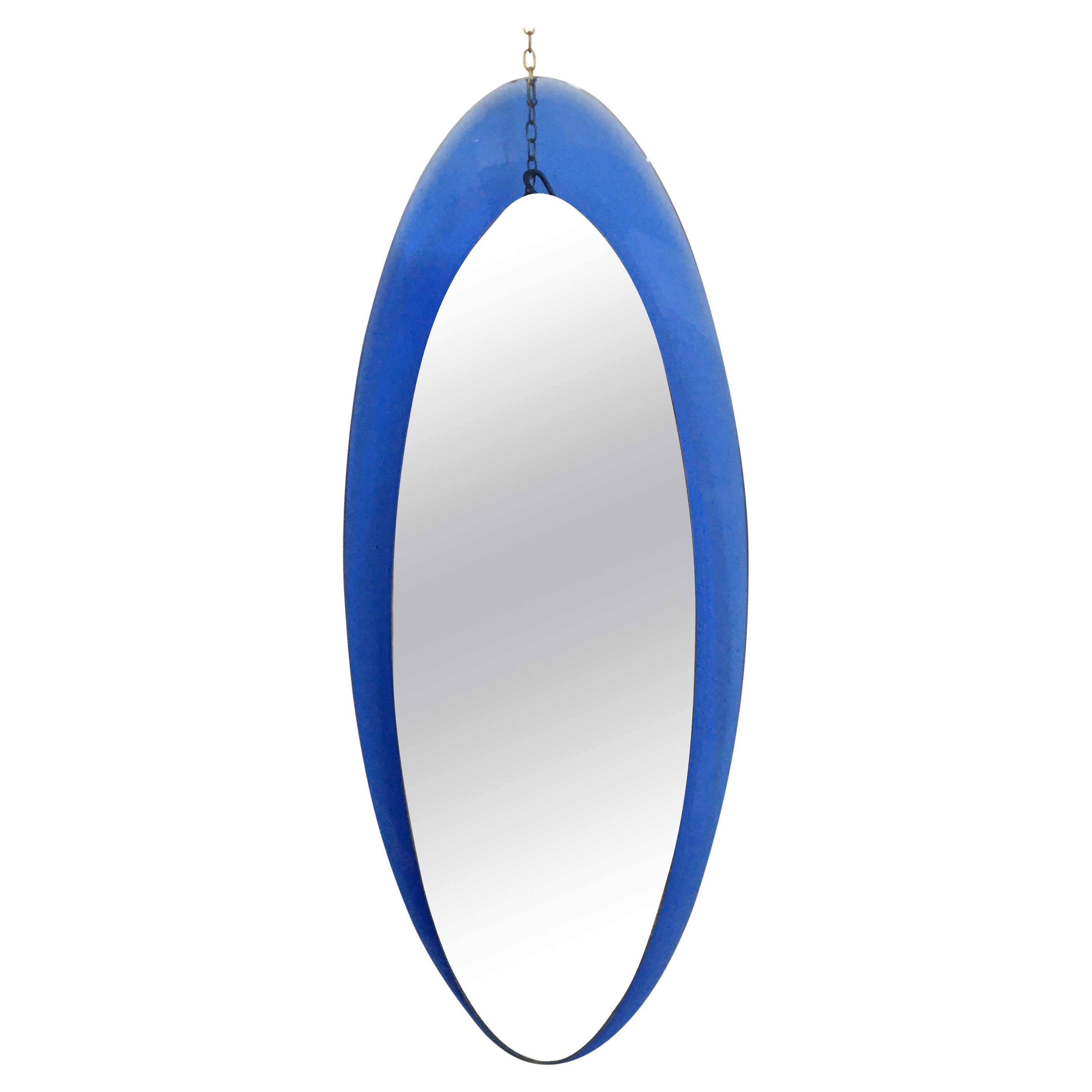 Mid Century Fontana Arte Blue Italian Oval Mirror 1960s For Sale